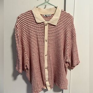 Zara Red and Cream Textured Button-Up Shirt